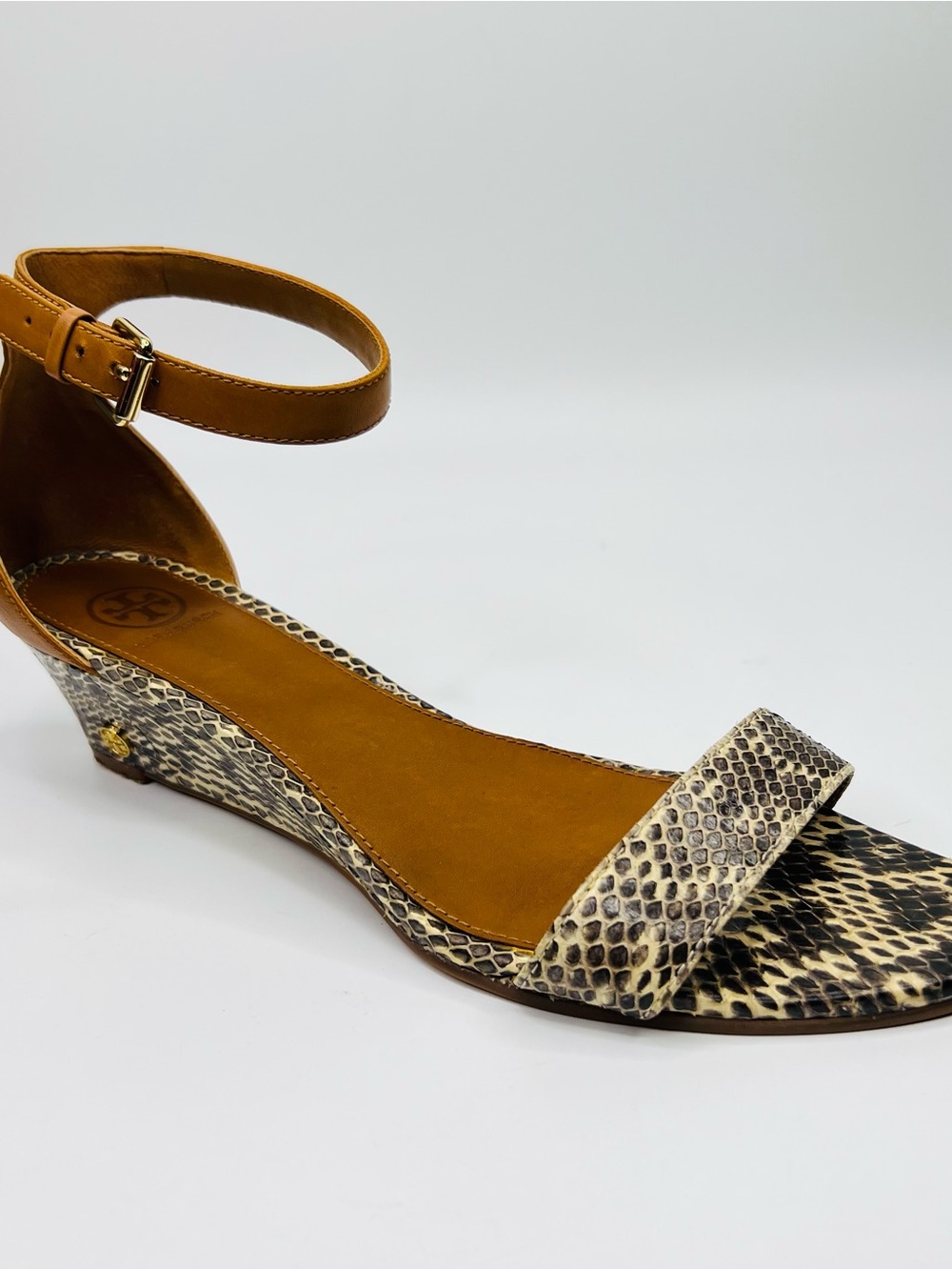 Tory Burch Savannah Snakeskin/Tan Wedge Ankle Strap Sandals Size 11 - Picture 15 of 15